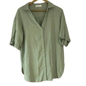 Sage Green Button-Up Blouse – Lightweight Short Sleeve Collared Top